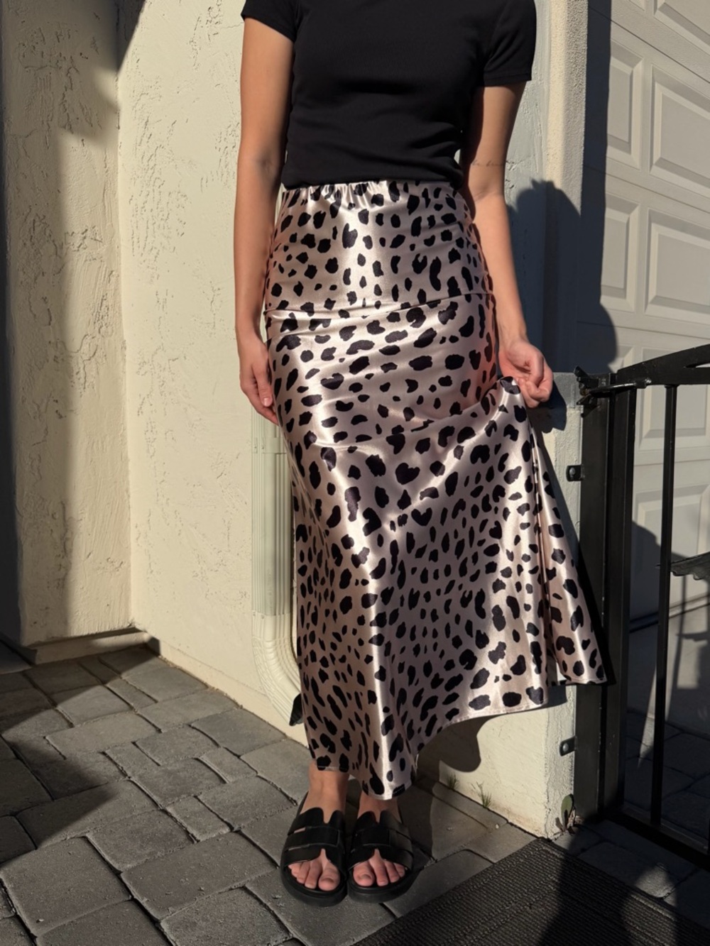 Satin Animal Print Bias Midi Skirt - Blush Black
